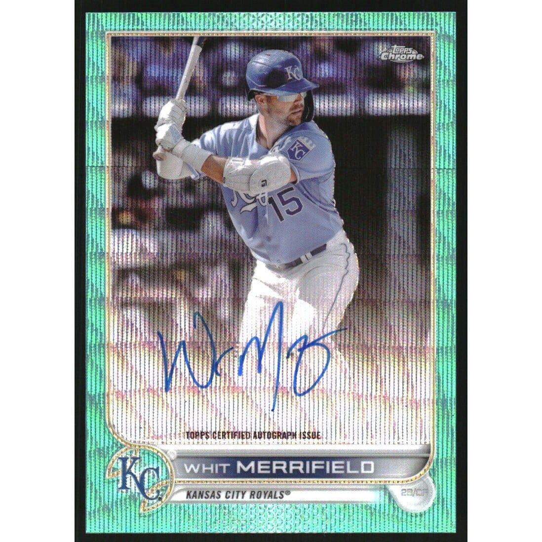 2022 Topps Chrome Veteran Autographs Aqua Wave Refractors #CVAWM Whit Merrifield. rookie card picture