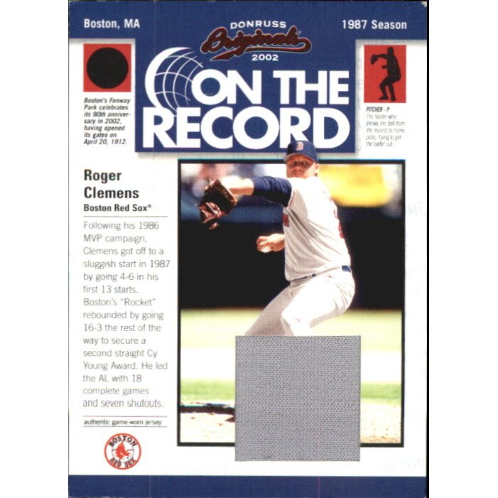 2002 Donruss Originals On The Record Materials #8 Roger Clemens Jsy/87. rookie card picture