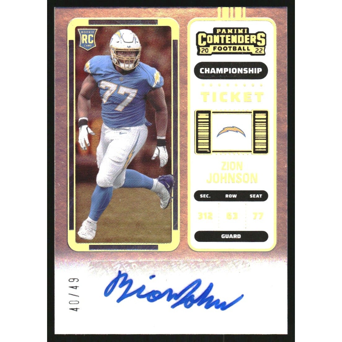 2022 Panini Contenders Championship Ticket #150 Zion Johnson AU. rookie card picture