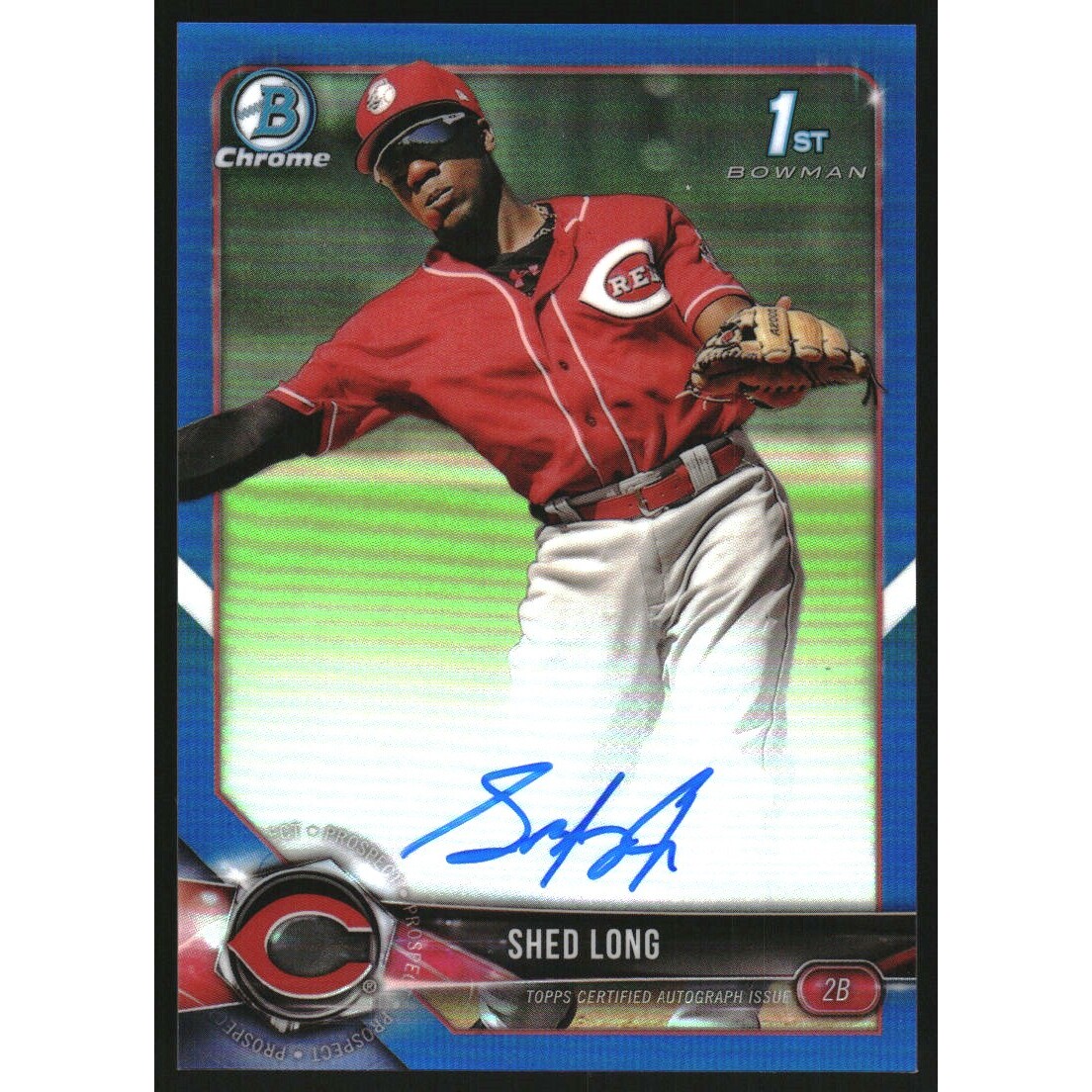 2018 Bowman Chrome Prospect Autographs Blue Refractors #CPASL Shed Long. rookie card picture