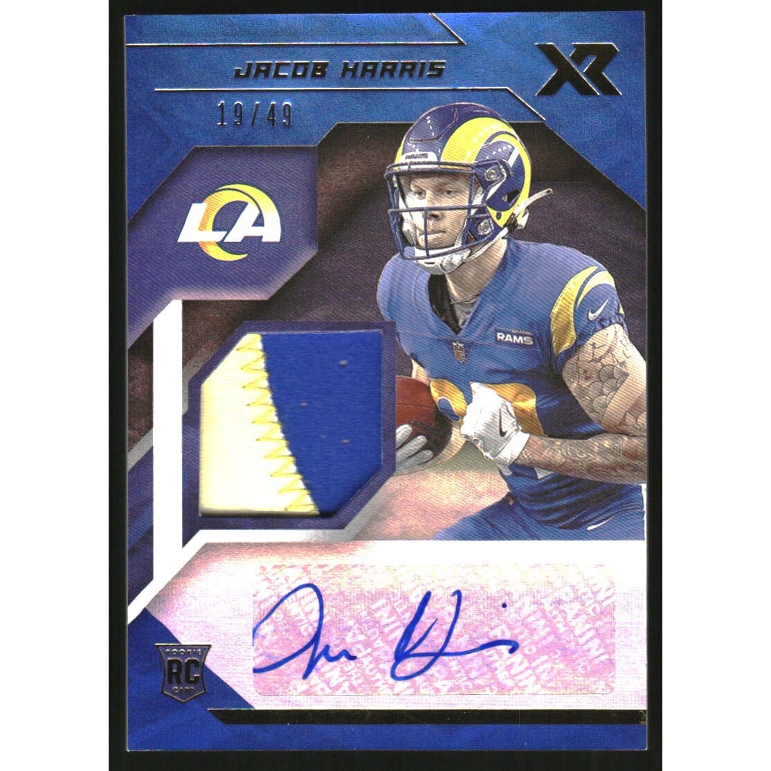 2021 Panini XR Rookie Swatch Autographs Blue #38 Jacob Harris/49. rookie card picture