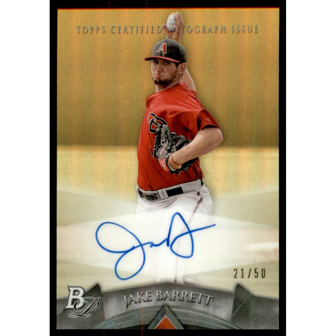 2014 Bowman Platinum Prospect Autographs Gold Refractors #APJB Jake Barrett. rookie card picture