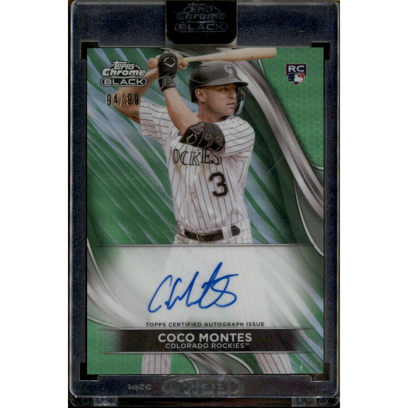 2024 Topps Chrome Black Autographs Green Refractors #CBACMON Coco Montes. rookie card picture