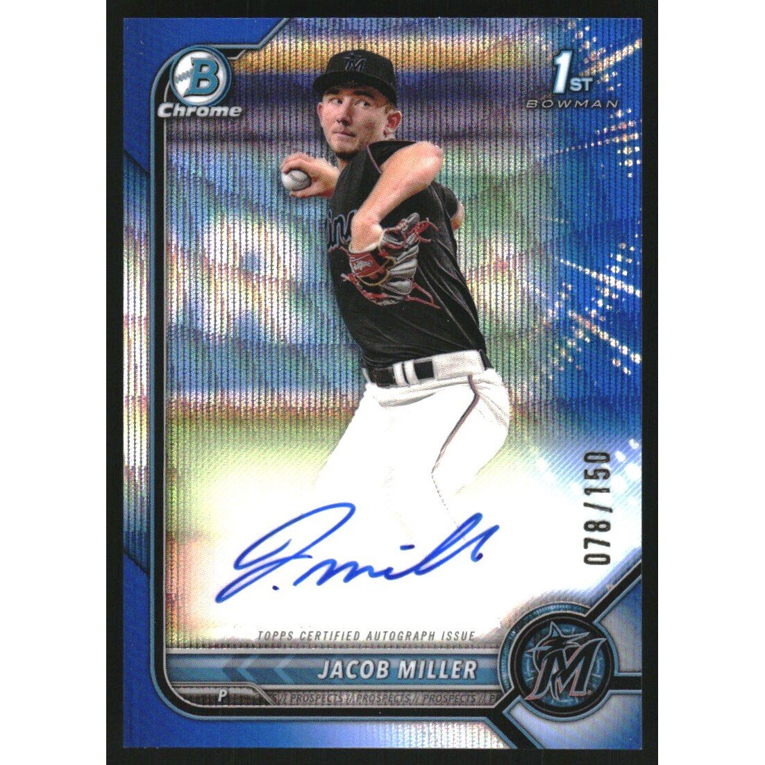 2022 Bowman Chrome Draft Autographs Blue Wave Refractors #CDAJMR Jacob Miller. rookie card picture