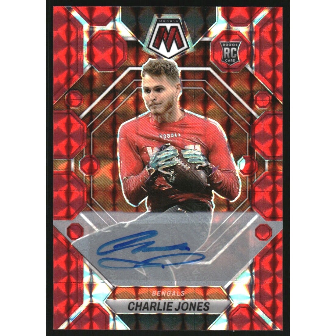 2023 Panini Mosaic Rookie Autographs Mosaic Red #299 Charlie Jones/199. rookie card picture