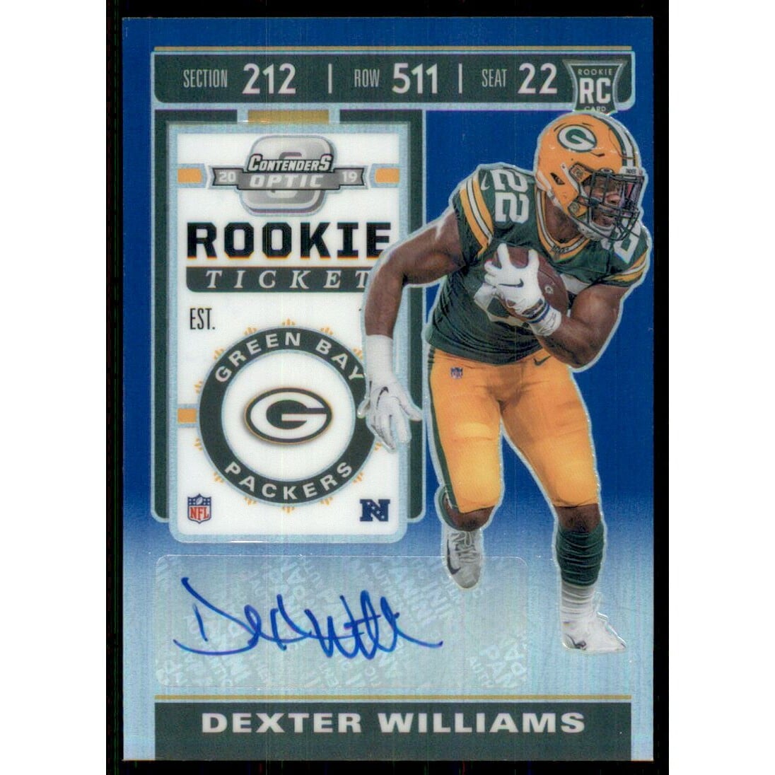 2019 Panini Contenders Optic Blue #167 Dexter Williams AU. rookie card picture