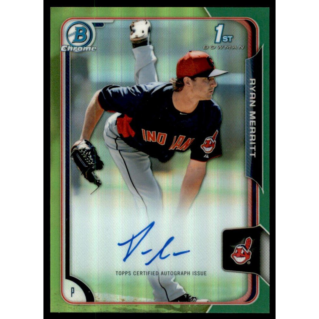 2015 Bowman Chrome Prospect Autographs Green Refractors #BCAPRM Ryan Merritt. rookie card picture