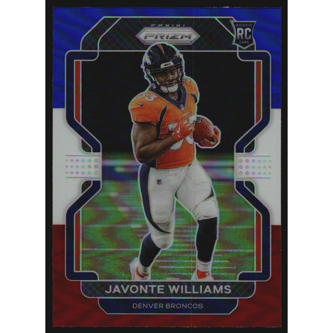 2021 Panini Prizm Prizms Red White and Blue #345 Javonte Williams. rookie card picture