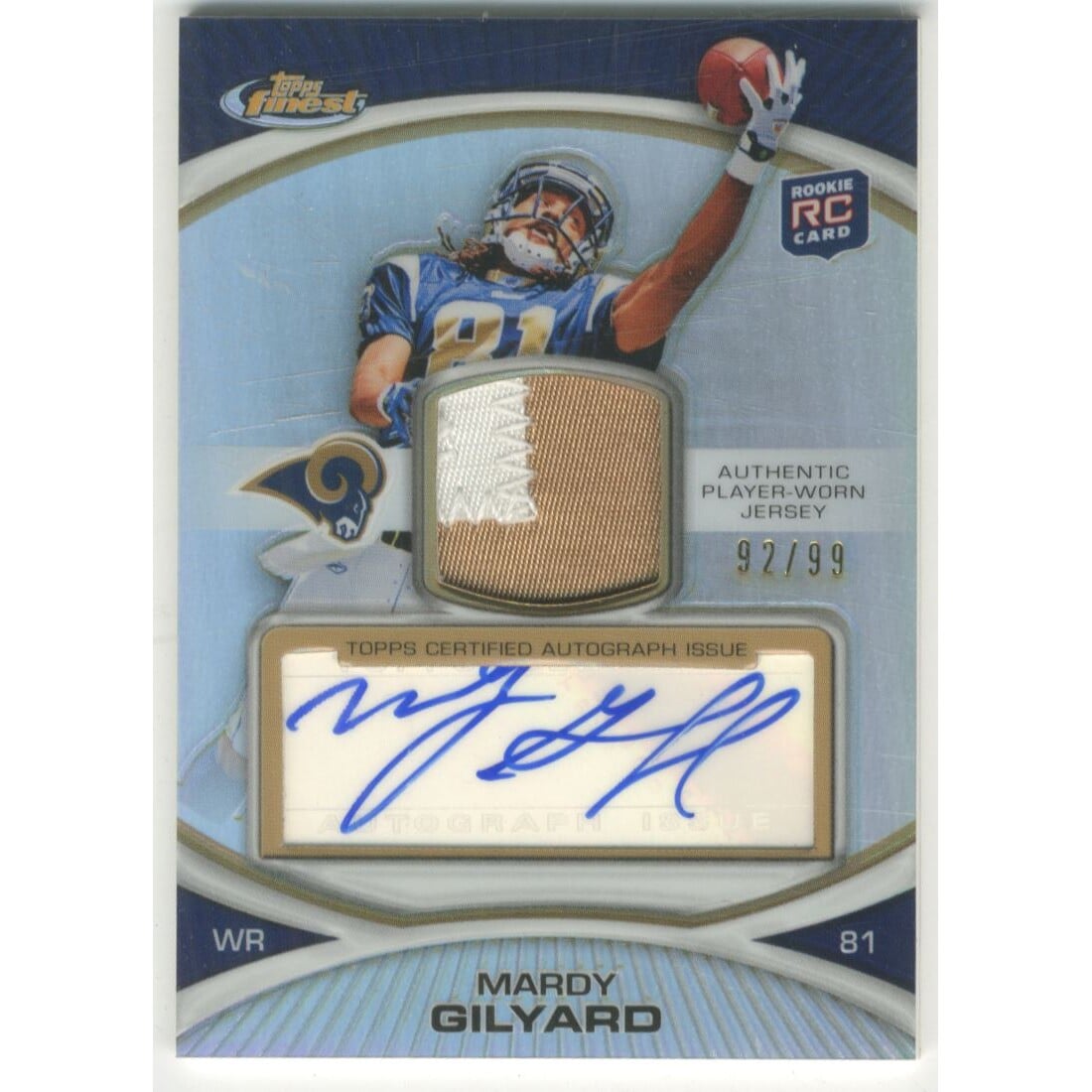 2010 Finest Rookie Patch Autographs Refractors #32 Mardy Gilyard