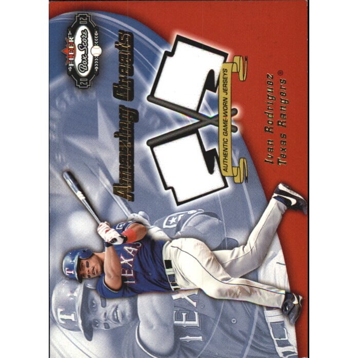 2002 Fleer Box Score Amazing Greats Dual Swatch #11 Ivan Rodriguez. rookie card picture