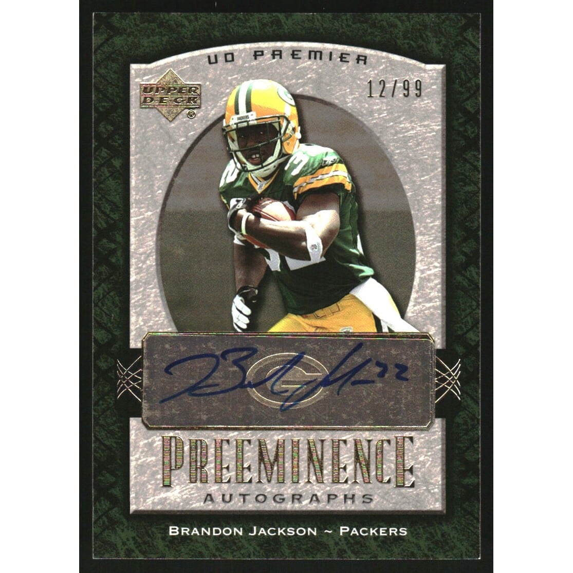 2007 Upper Deck Premier Preeminence Autographs Gold #PREBJ Brandon Jackson. rookie card picture