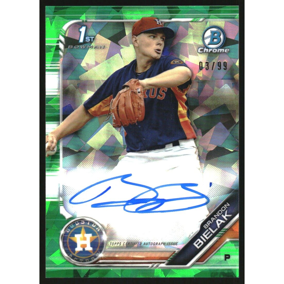 2019 Bowman Chrome Prospect Autographs Green Atomic Refractors #CPABB Brandon Bielak. rookie card picture