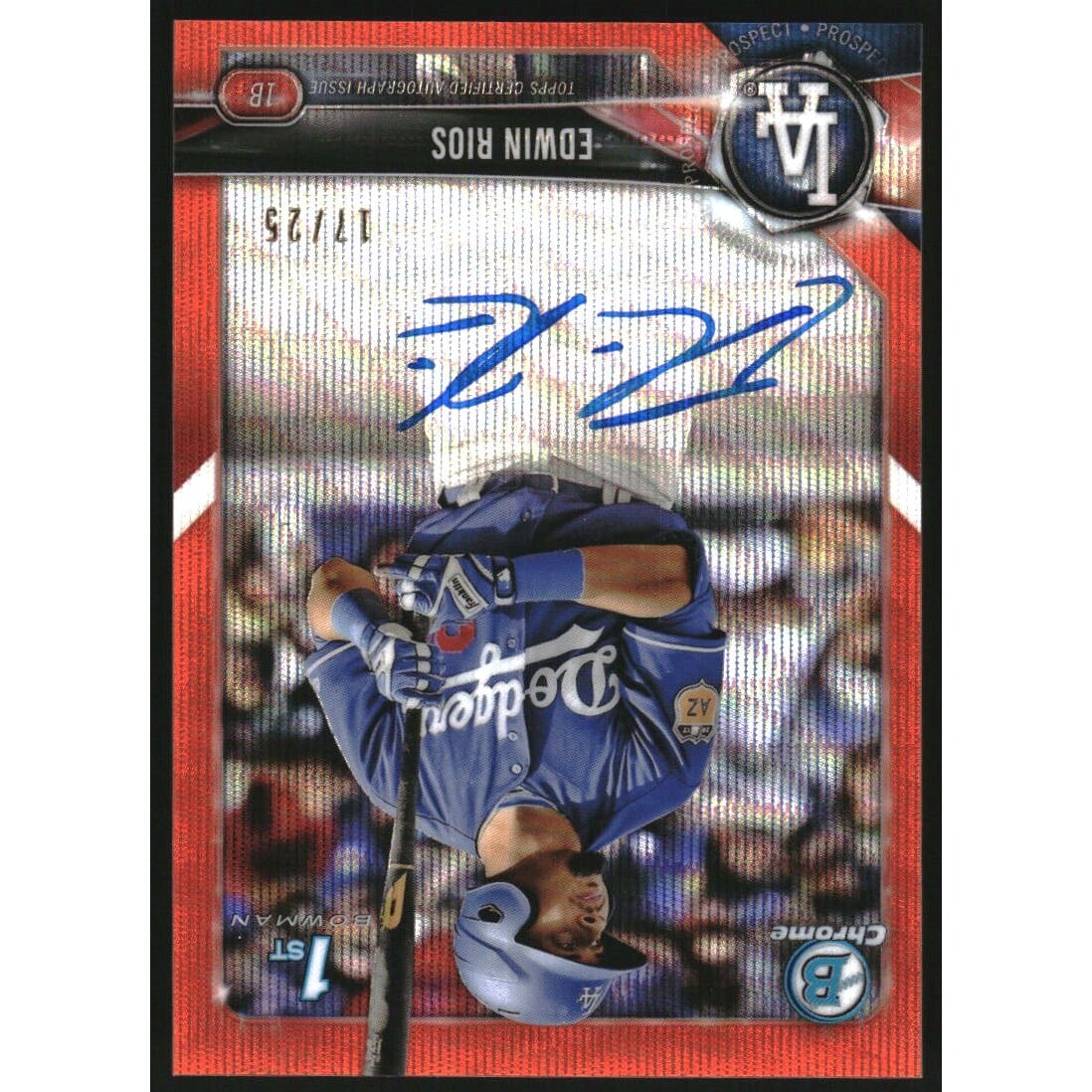 2018 Bowman Chrome Prospect Autographs Orange Wave Refractors #BCPAER Edwin Rios. rookie card picture