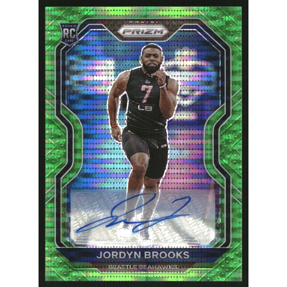 2020 Panini Prizm Rookie Autographs Prizms Neon Green Pulsar #388 Jordyn Brooks. rookie card picture