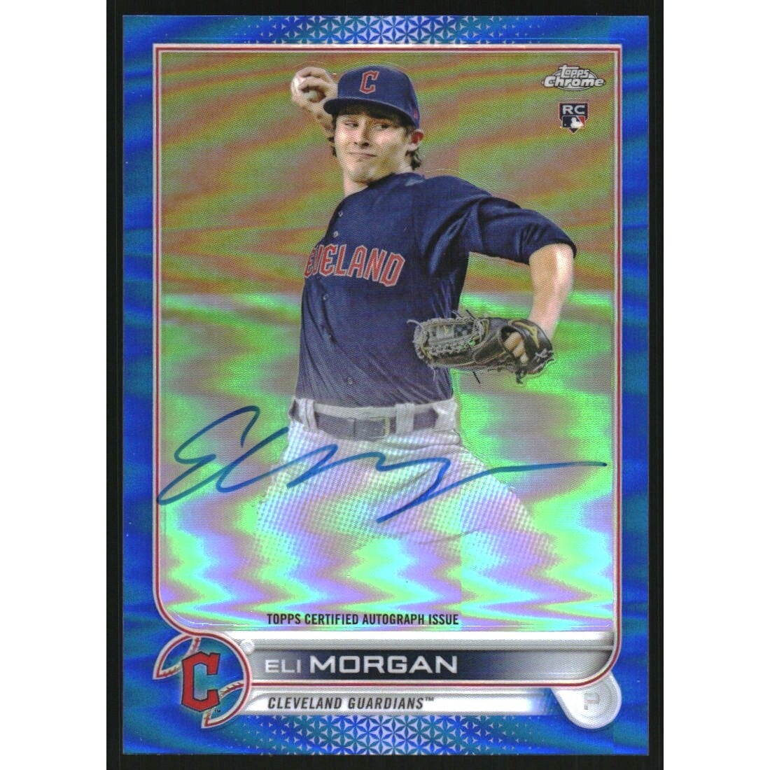 2022 Topps Chrome Rookie Autographs Blue Refractors #RAEM Eli Morgan. rookie card picture