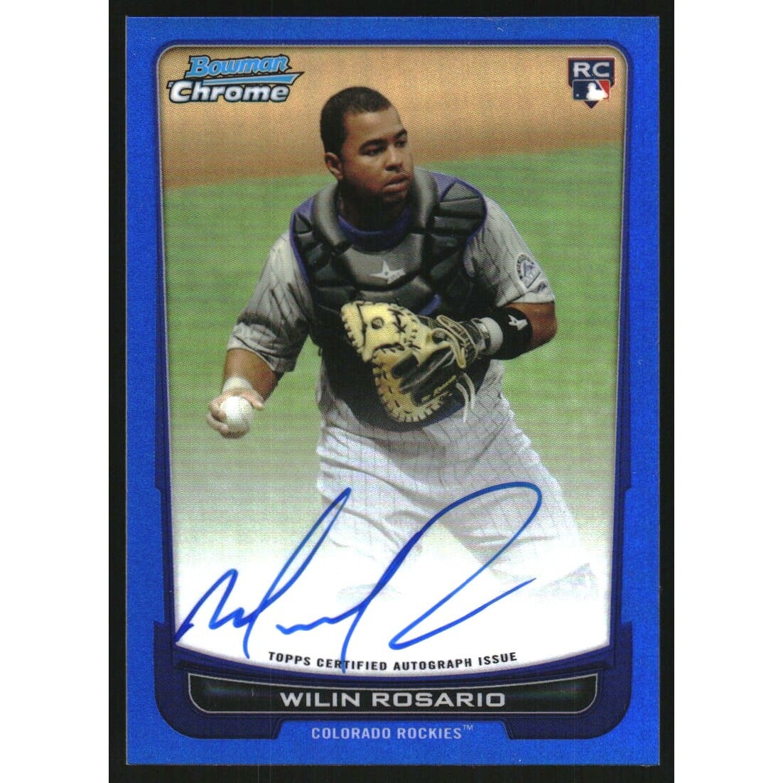 2012 Bowman Chrome Rookie Autographs Blue Refractors #218 Wilin Rosario/250. rookie card picture