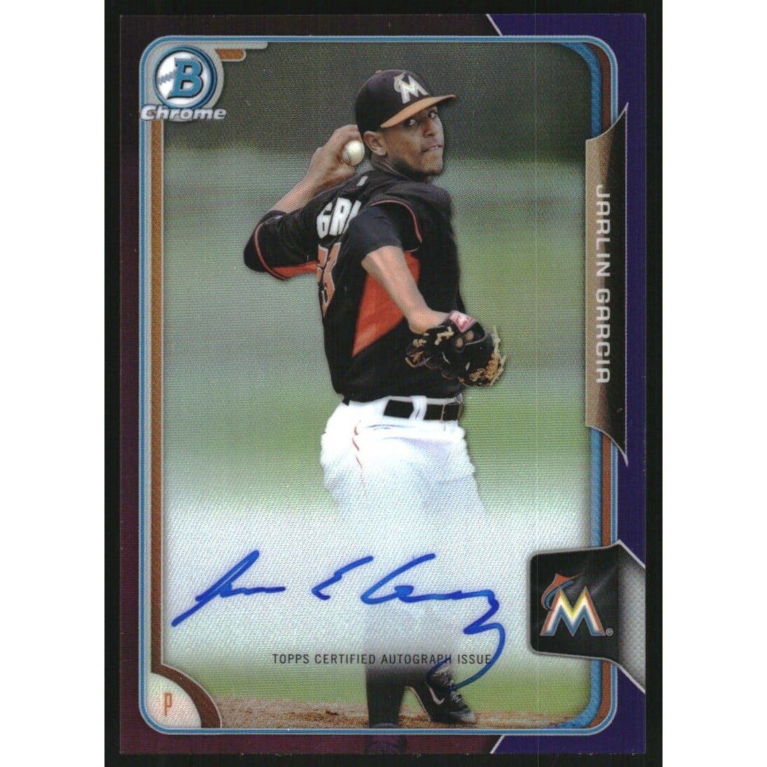 2015 Bowman Chrome Prospect Autographs Purple Refractors #BCAPJG Jarlin Garcia. rookie card picture