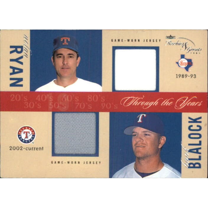 2003 Fleer Rookies and Greats Through the Years Game Used Dual #NRHB Nolan Ryan Jsy/Hank Blalock Jsy. rookie card picture