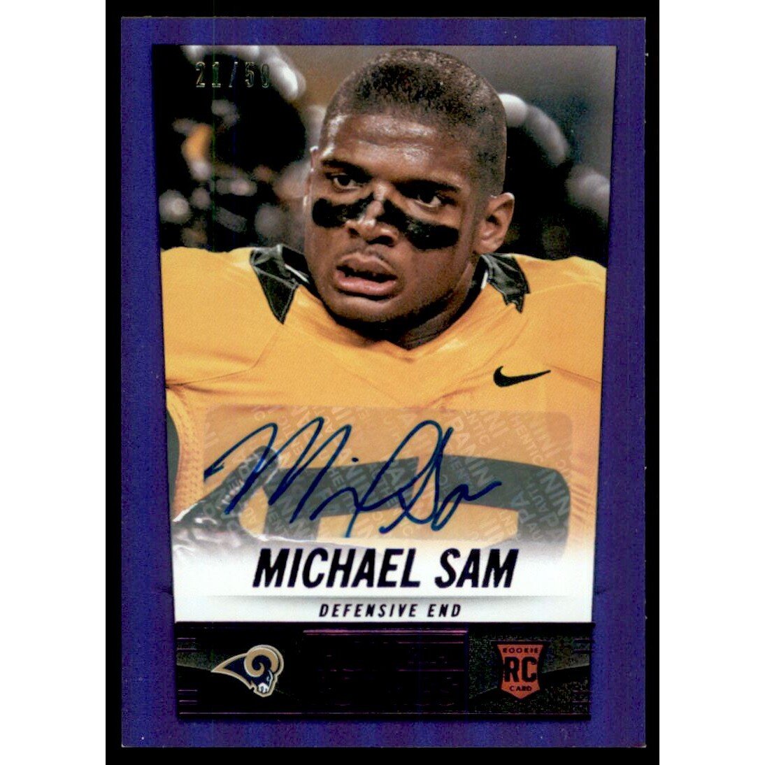 2014 Panini Hot Rookies Rookie Signatures Purple #408 Michael Sam/50. rookie card picture