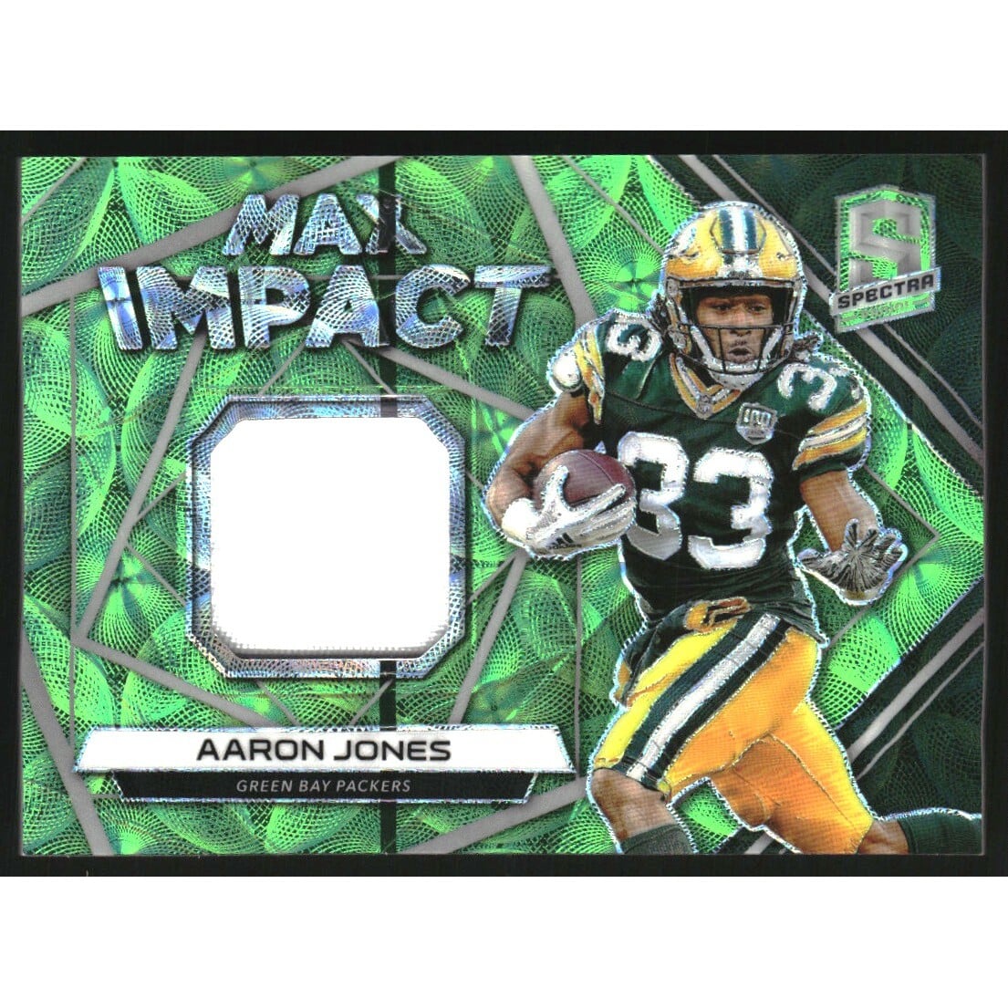 2019 Panini Spectra Max Impact Materials Neon Green #2 Aaron Jones. rookie card picture