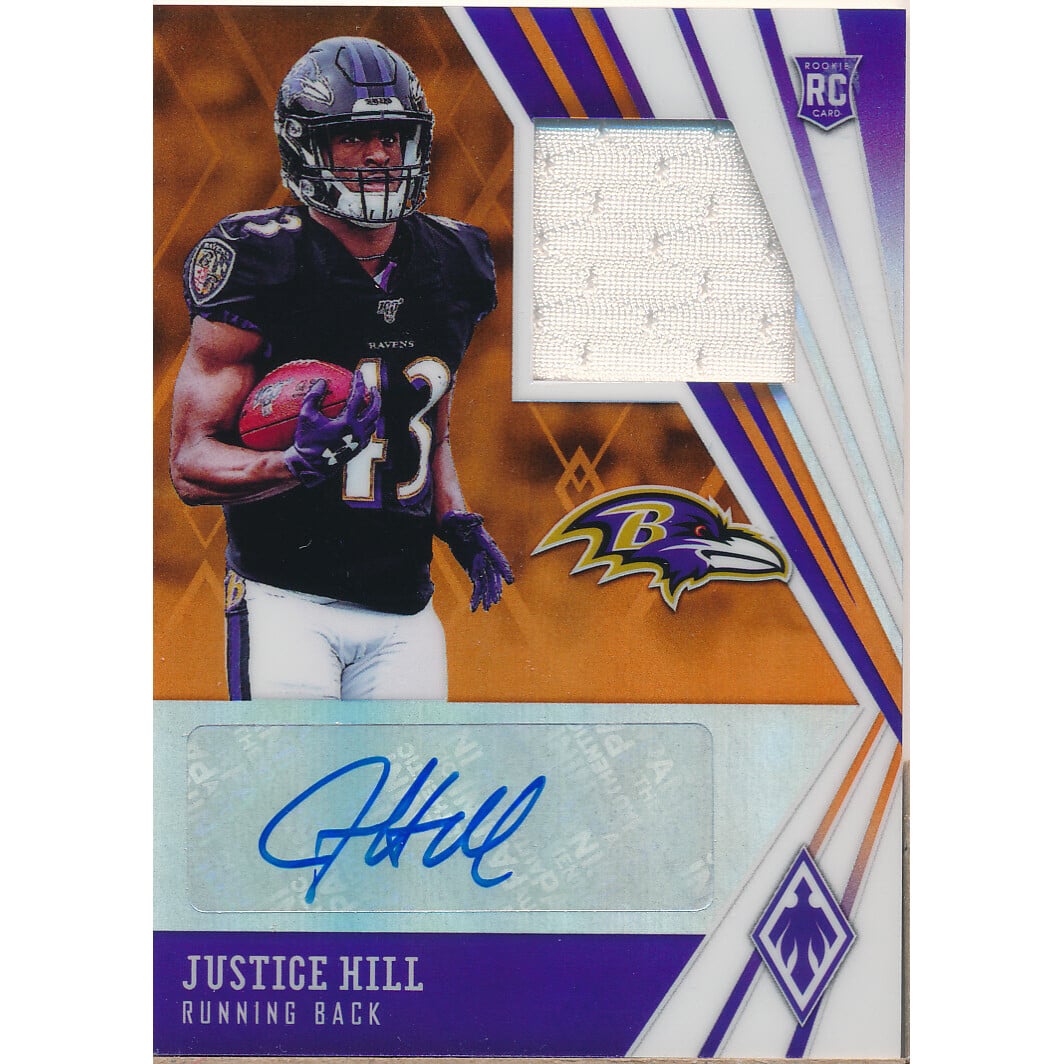 2019 Panini Phoenix Rookie Premiere Jersey Autographs Orange #29 Justice Hill/99. rookie card picture