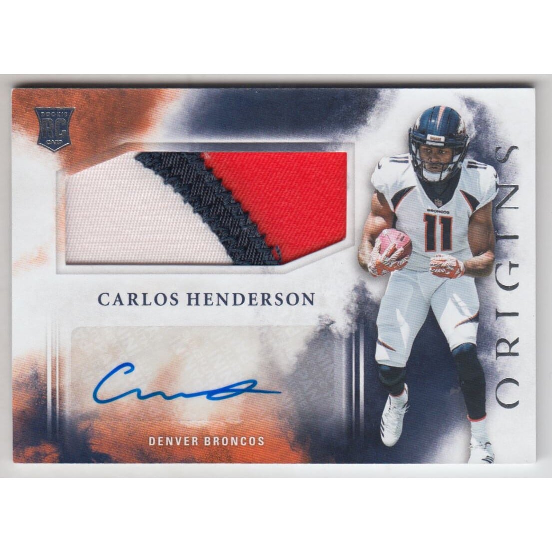 2017 Panini Origins #129 Carlos Henderson JSY AU RC. rookie card picture