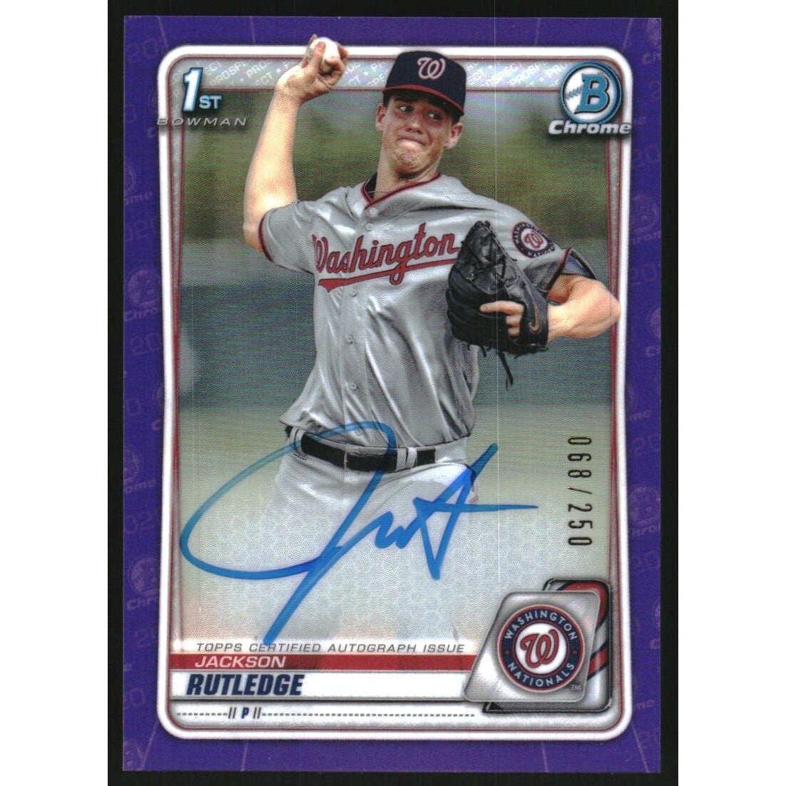 2020 Bowman Chrome Prospect Autographs Purple Refractors #CPAJR Jackson Rutledge. rookie card picture