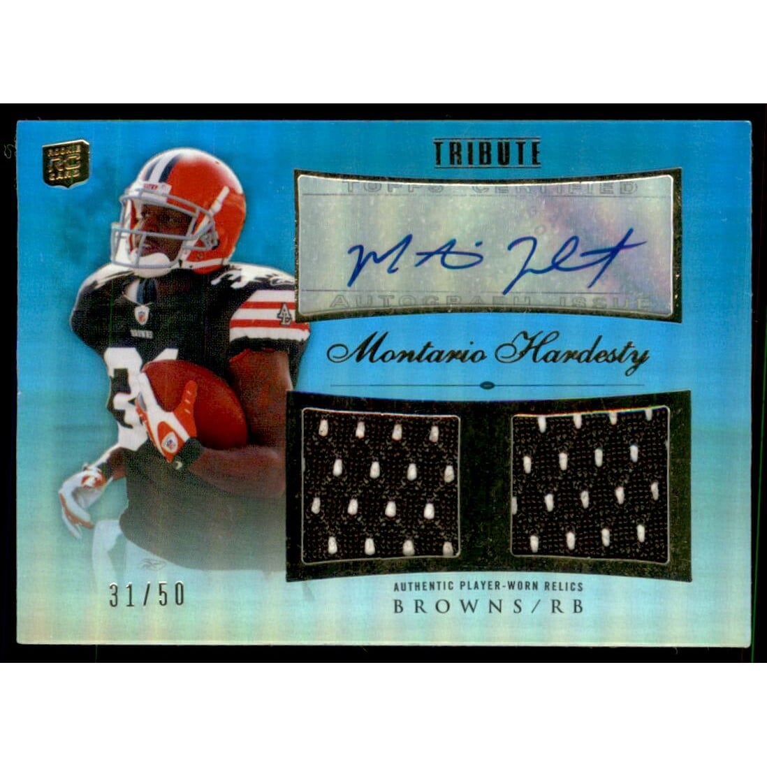 2010 Topps Tribute Autographed Dual Relics Blue #ADRMH Montario Hardesty. rookie card picture