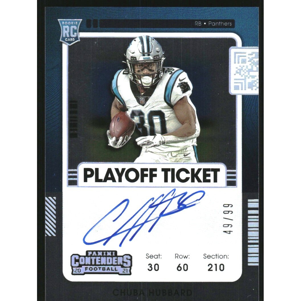 2021 Panini Contenders Playoff Ticket #134A Chuba Hubbard AU. rookie card picture