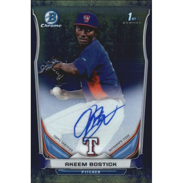 2014 Bowman Chrome Prospect Autographs Purple Bubbles Refractors #BCAPAB Akeem Bostick. rookie card picture