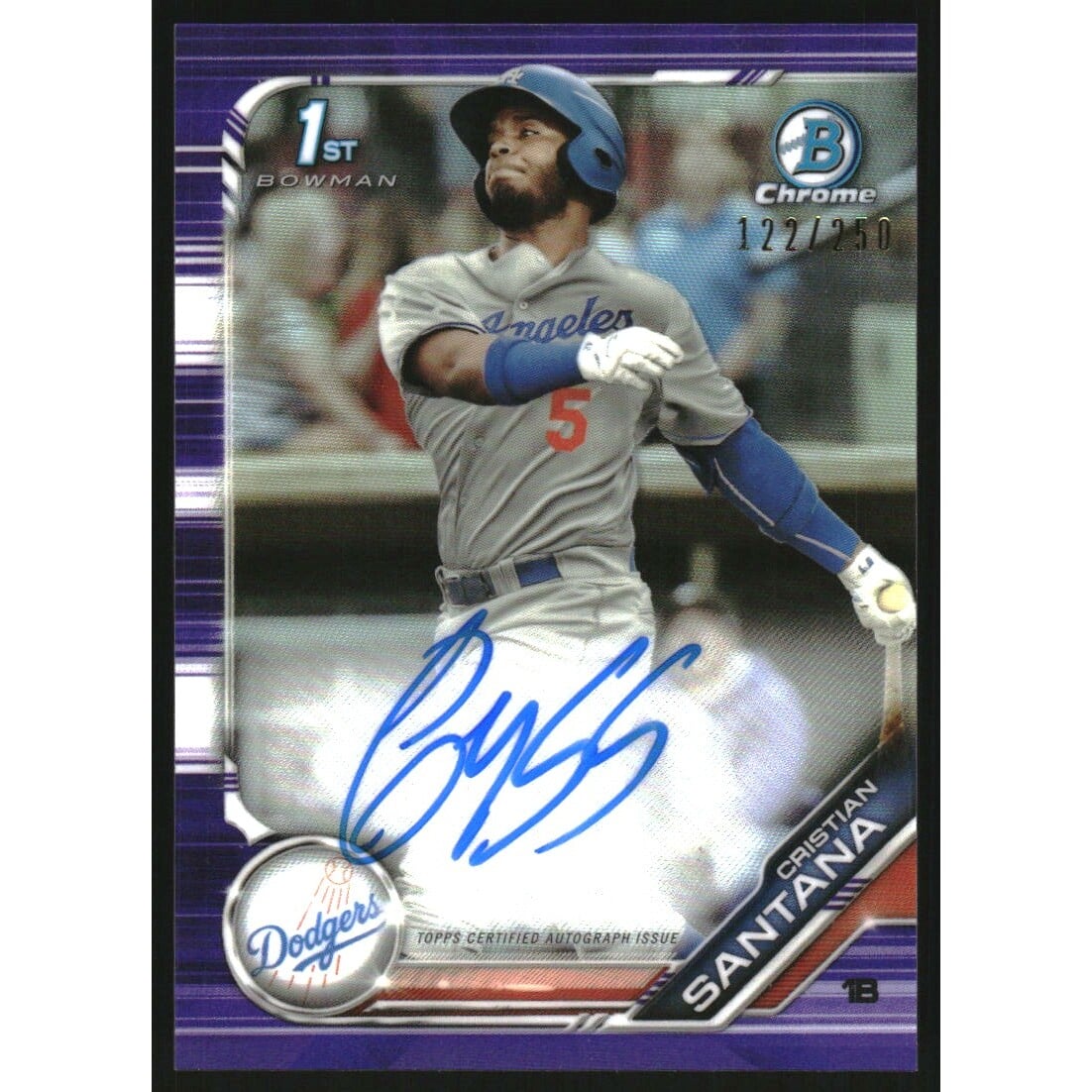 2019 Bowman Chrome Prospect Autographs Purple Refractors #CPACSA Cristian Santana. rookie card picture