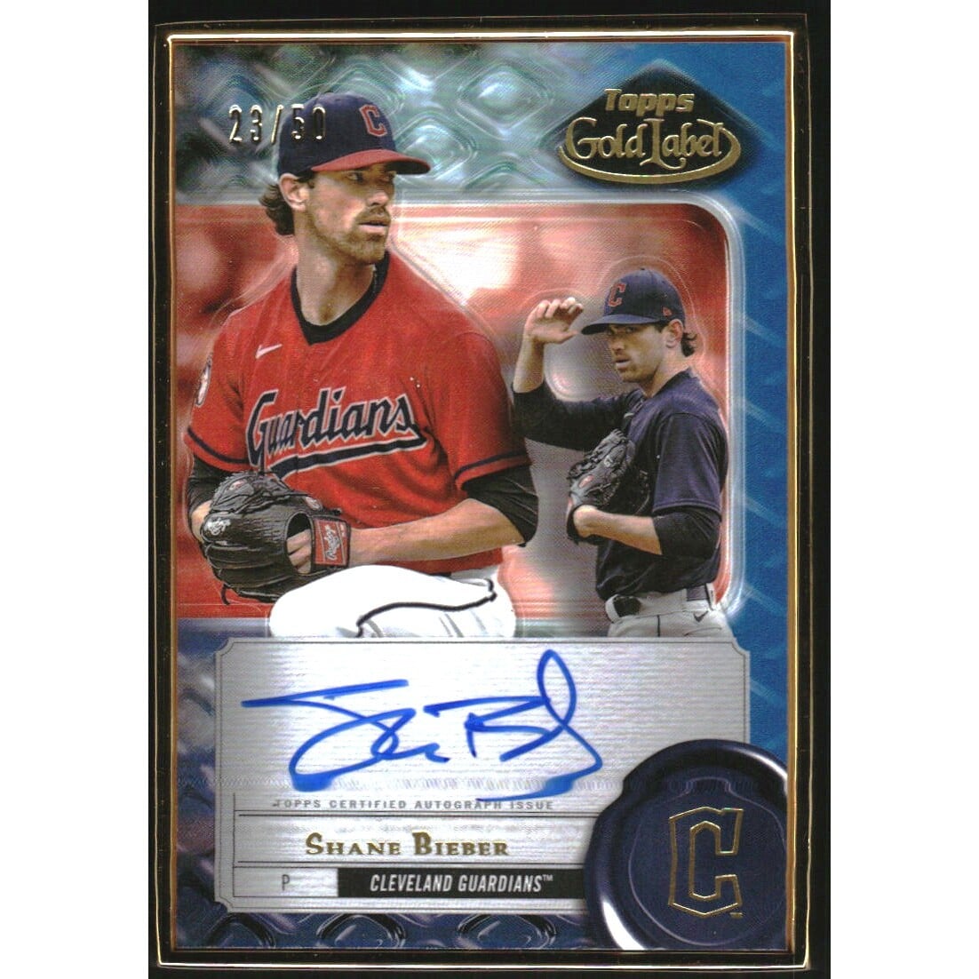 2022 Topps Gold Label Framed Autographs Blue #FASBI Shane Bieber. rookie card picture