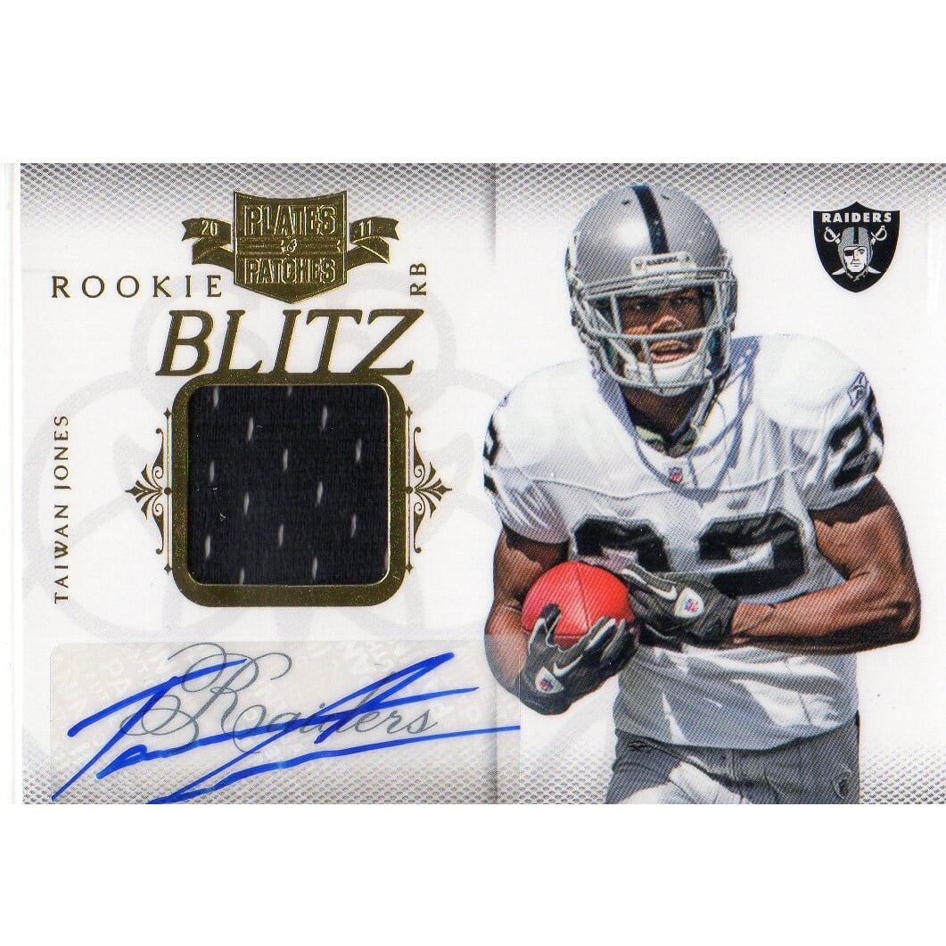 2011 Panini Plates and Patches Rookie Blitz Autograph Materials #17 Taiwan Jones. rookie card picture
