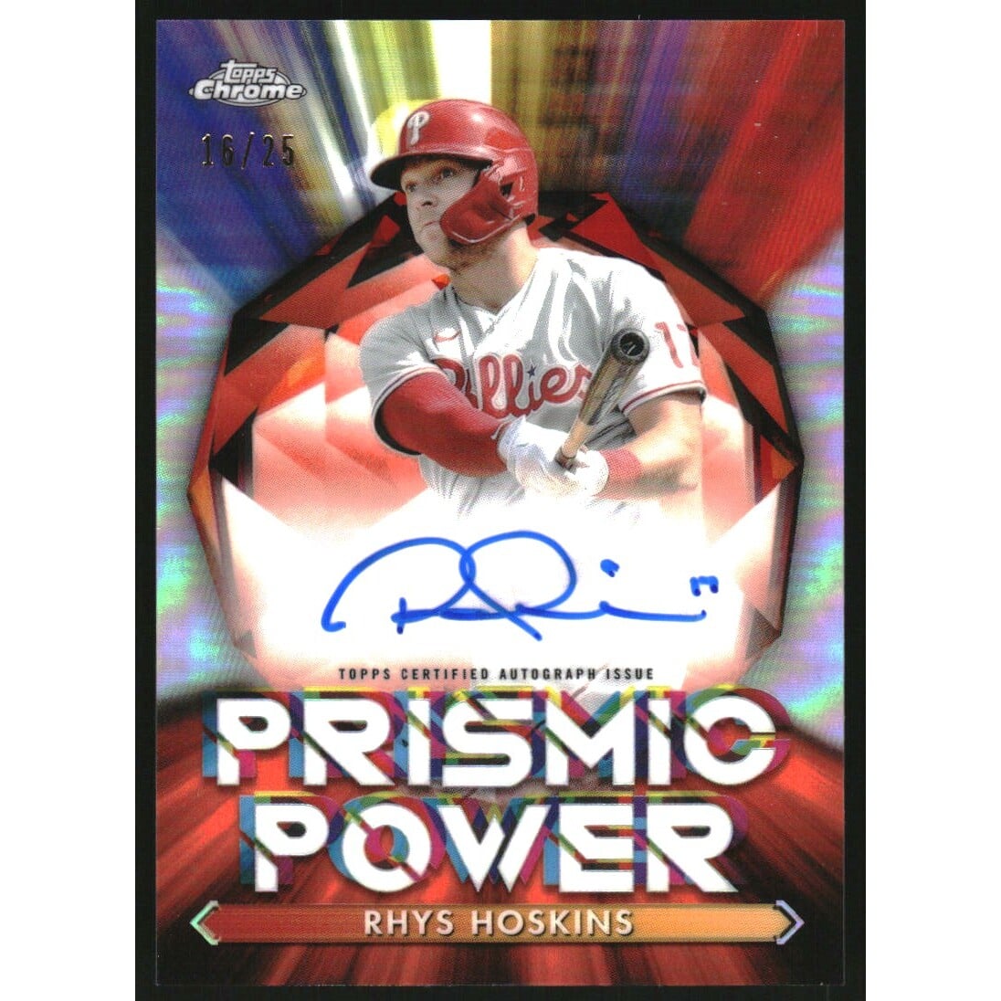 2021 Topps Chrome Prismic Power Autographs Orange Refractors #PPARH Rhys Hoskins. rookie card picture