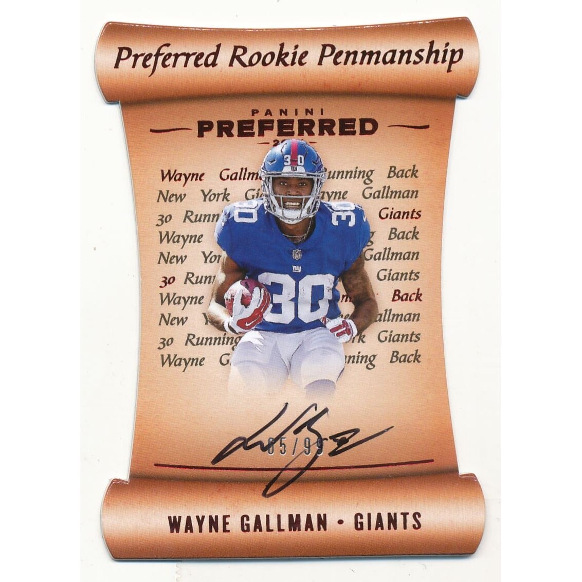 2017 Panini Preferred #186 Wayne Gallman PEN AU/99. rookie card picture