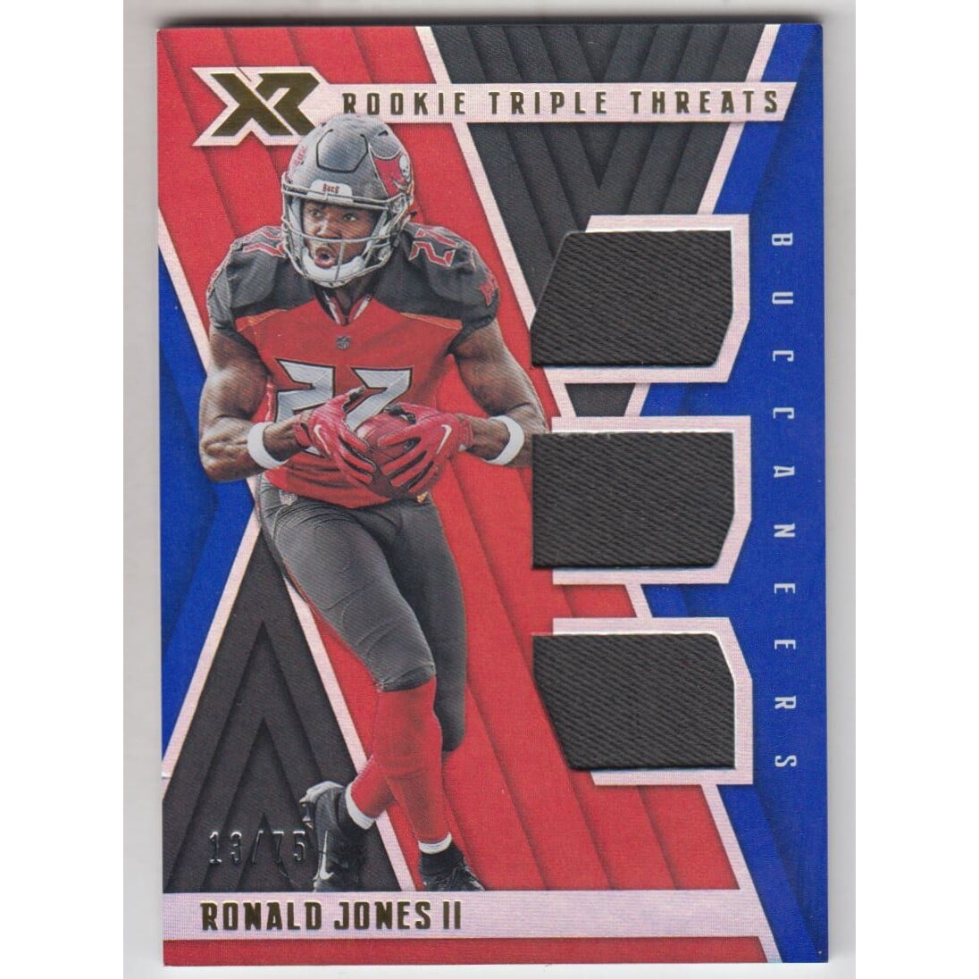 2018 Panini XR Rookie Triple Threats Materials Blue #14 Ronald Jones II. rookie card picture