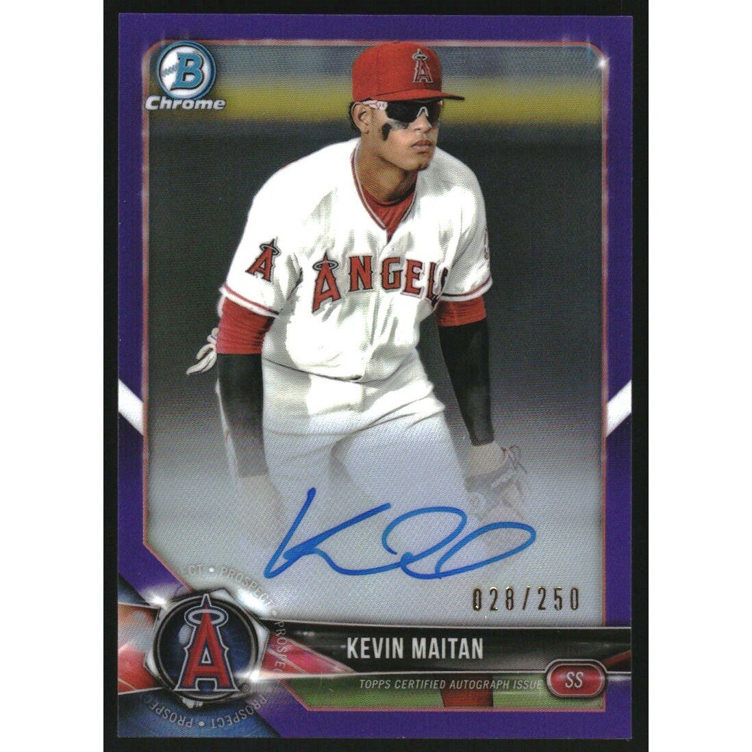 2018 Bowman Chrome Prospect Autographs Purple Refractors #BCPAKM Kevin Maitan. rookie card picture