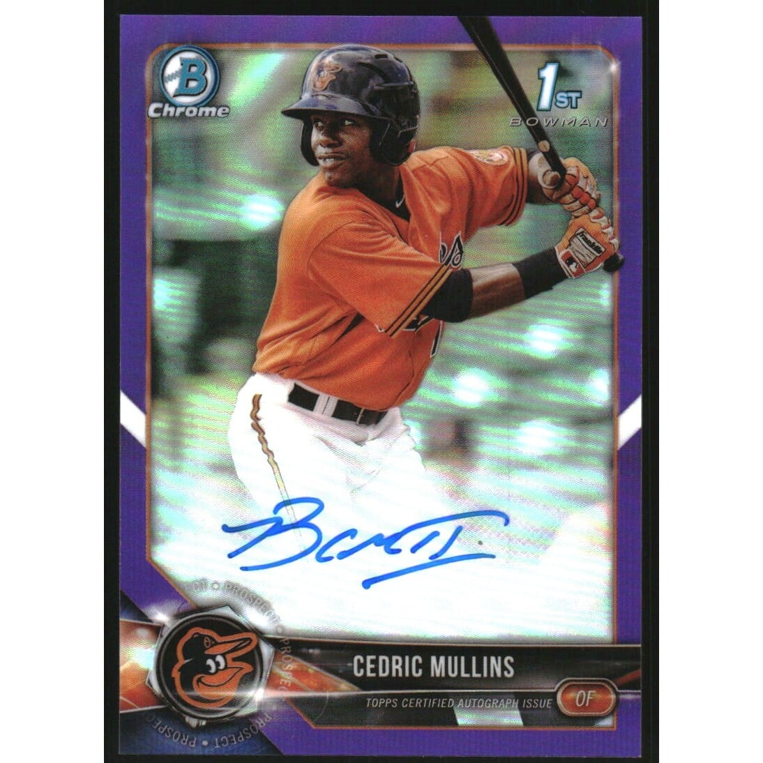 2018 Bowman Chrome Prospect Autographs Purple Refractors #CPACM Cedric Mullins. rookie card picture