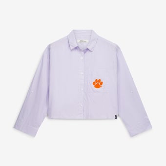Women's Gameday Social  Lavender Clemson Tigers Cropped Striped Button-Down Shirt