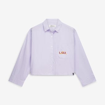 Women's Gameday Social  Lavender LSU Tigers Cropped Striped Button-Down Shirt