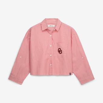 Women's Gameday Social  Crimson Oklahoma Sooners Cropped Striped Button-Down Shirt
