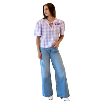 Women's Gameday Social  Lavender LSU Tigers All-Over Gingham Blouse