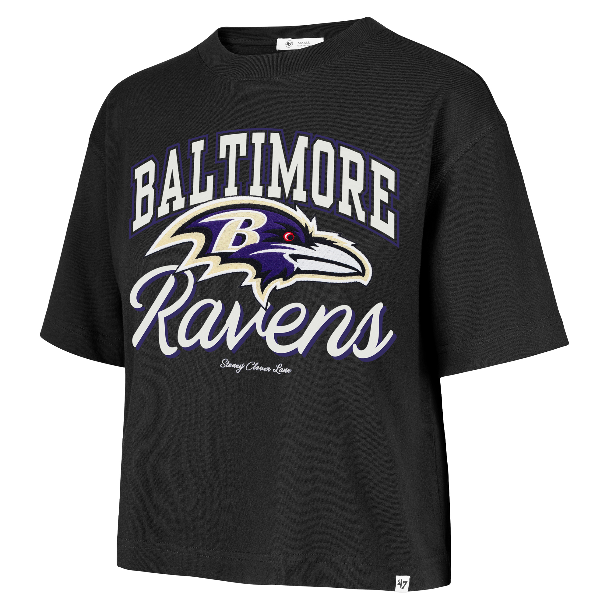 Women's Stoney Clover Lane x '47 Black Baltimore Ravens Script City Boxy Cropped T-Shirt
