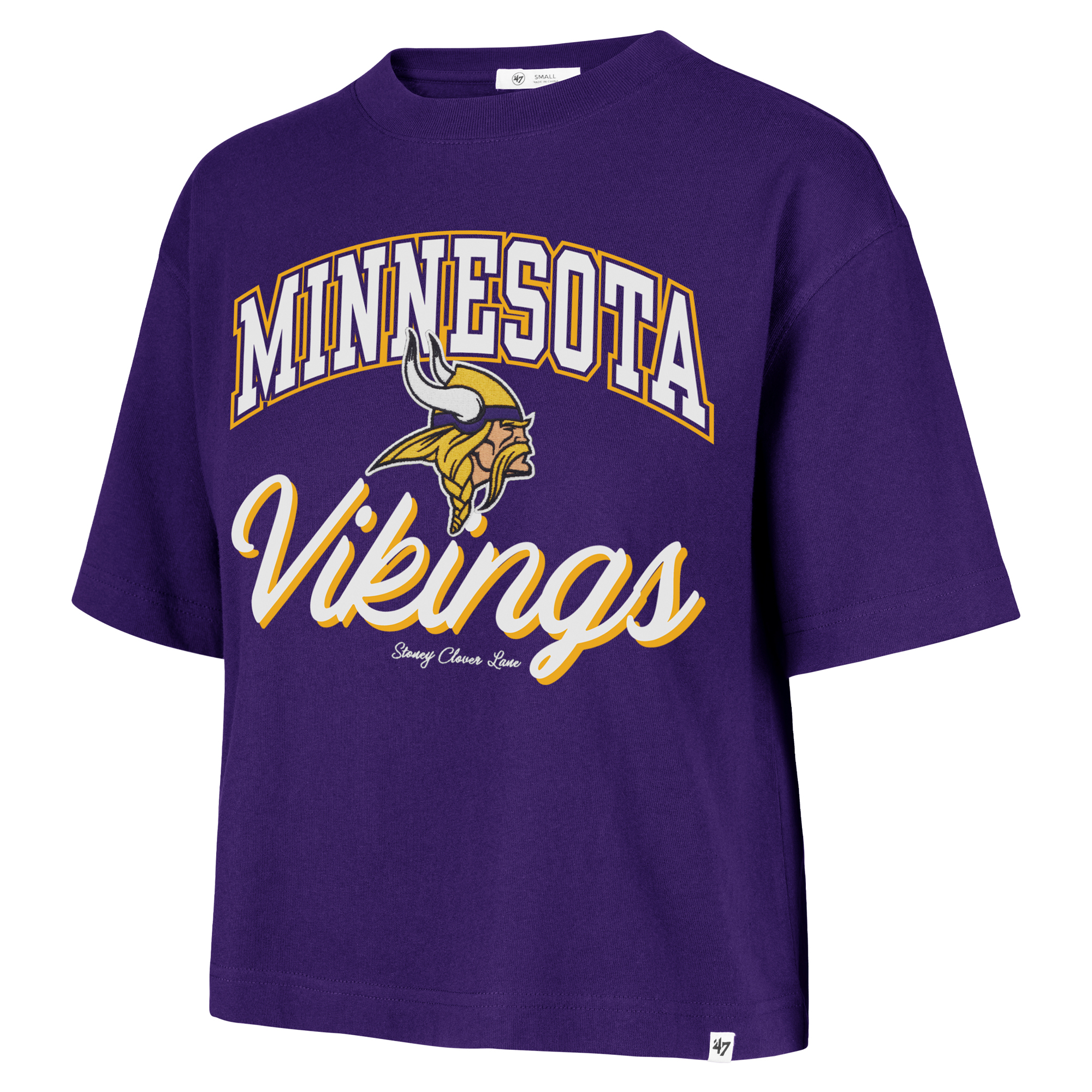 Women's Stoney Clover Lane x '47 Purple Minnesota Vikings Script City Boxy Cropped T-Shirt