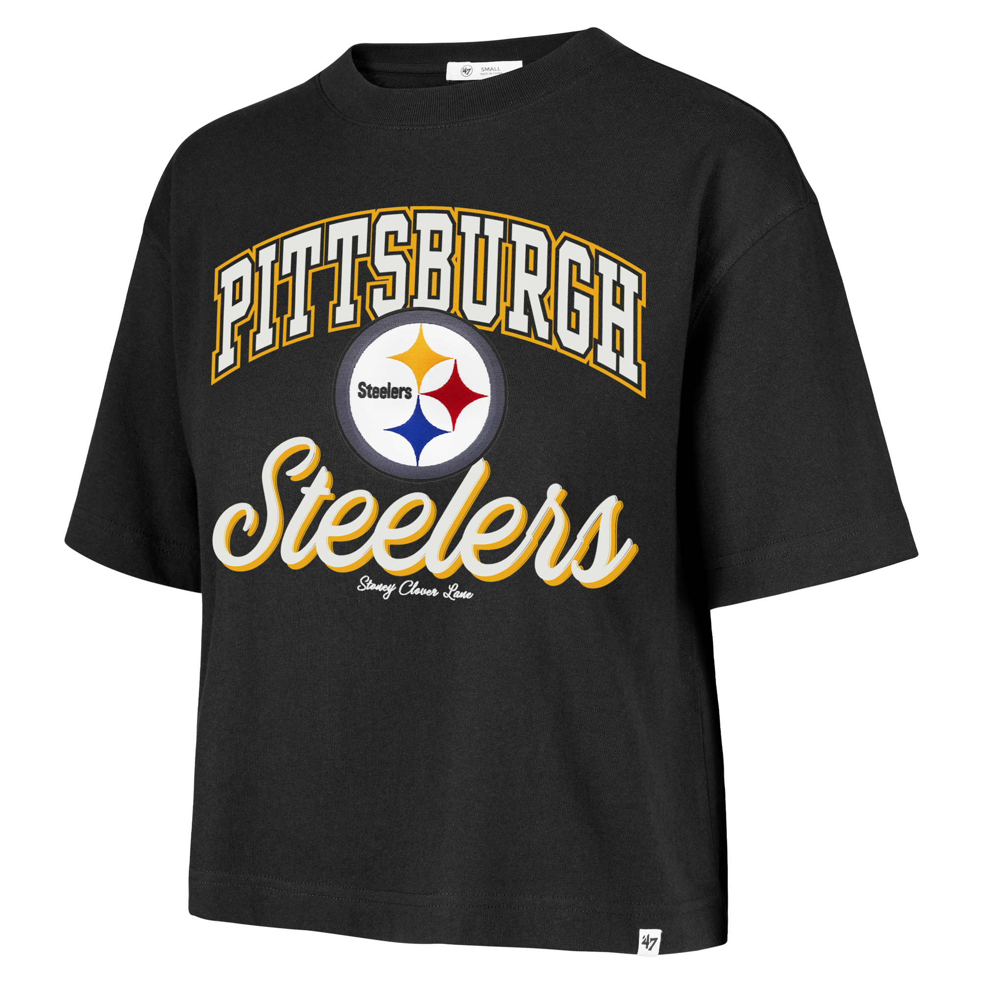 Women's Stoney Clover Lane x '47 Black Pittsburgh Steelers Script City Boxy Cropped T-Shirt