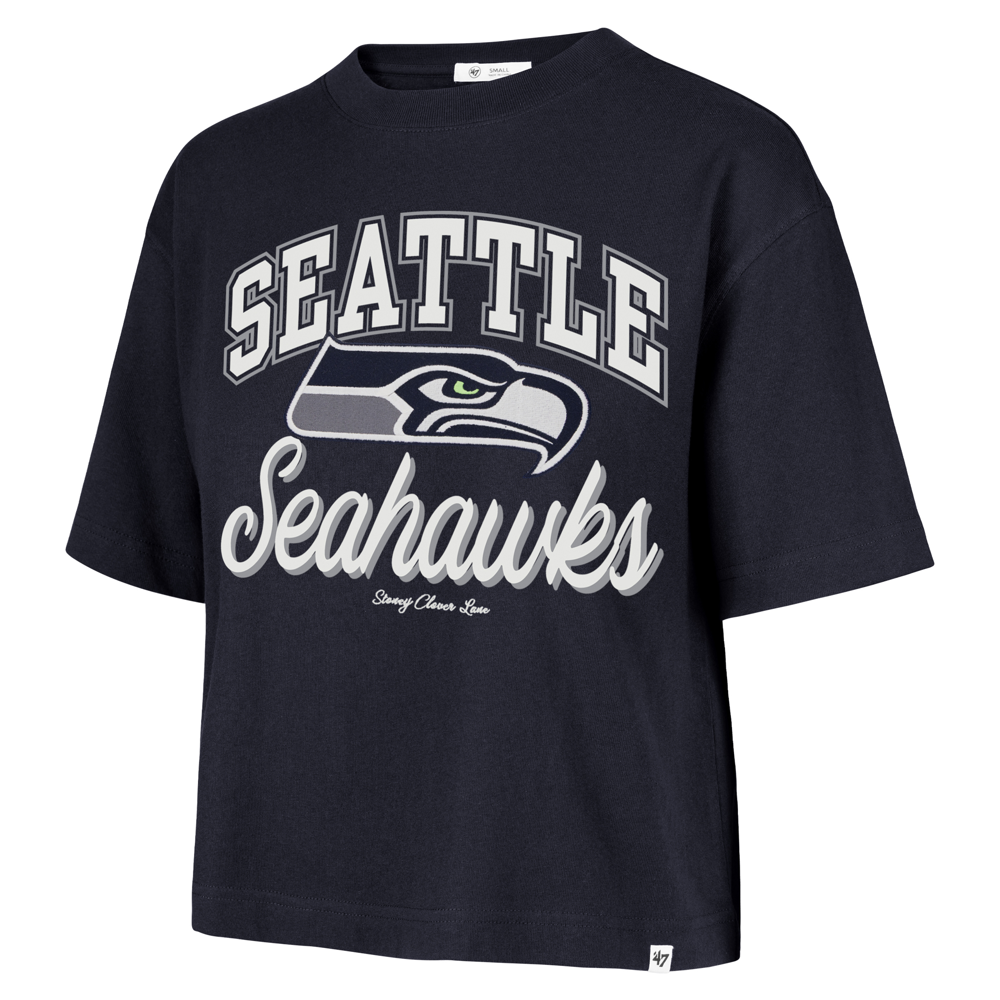 Women's Stoney Clover Lane x '47 College Navy Seattle Seahawks Script City Boxy Cropped T-Shirt