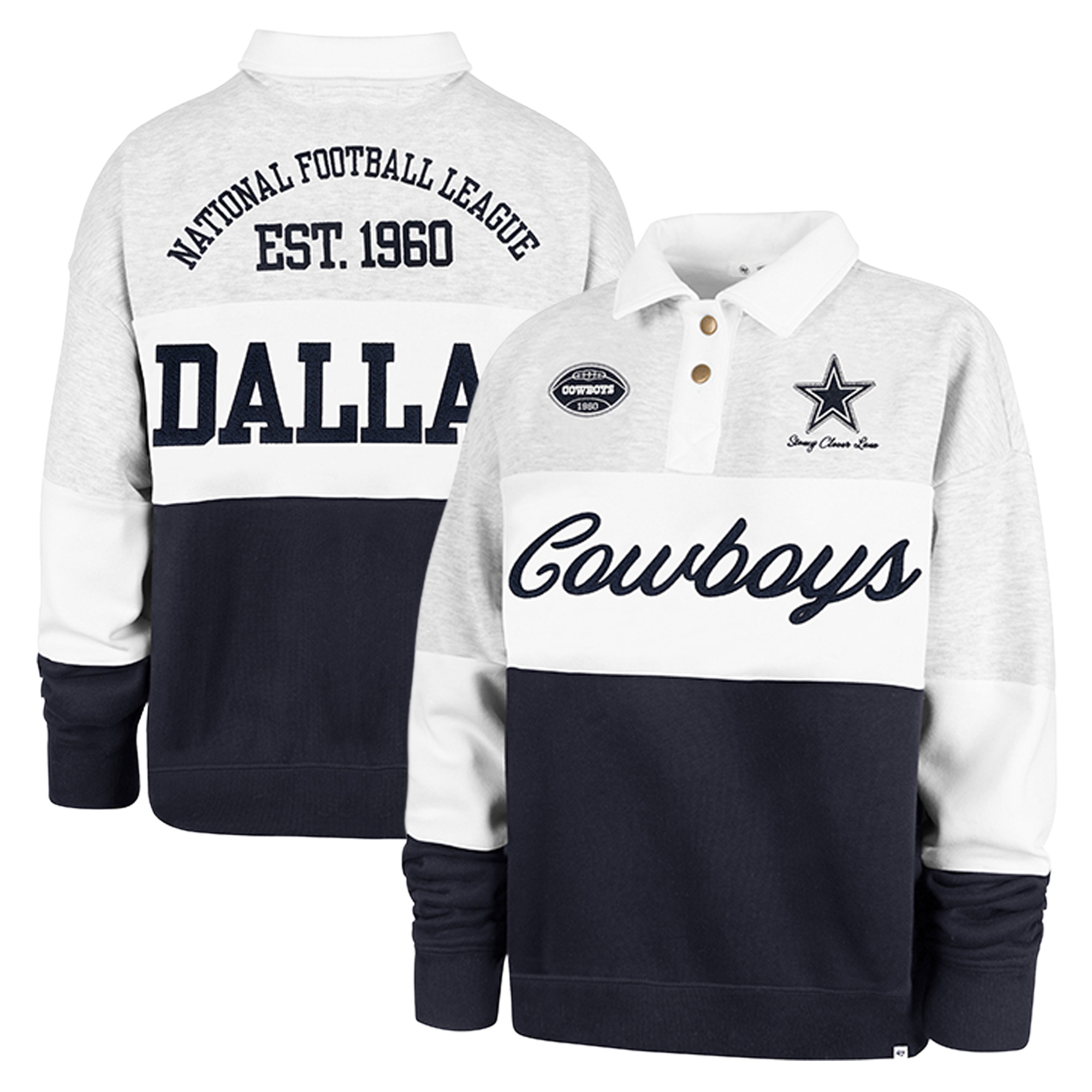 Women's Stoney Clover Lane x '47 Gray/Navy Dallas Cowboys Cursive Paneled Rugby Fleece Shirt