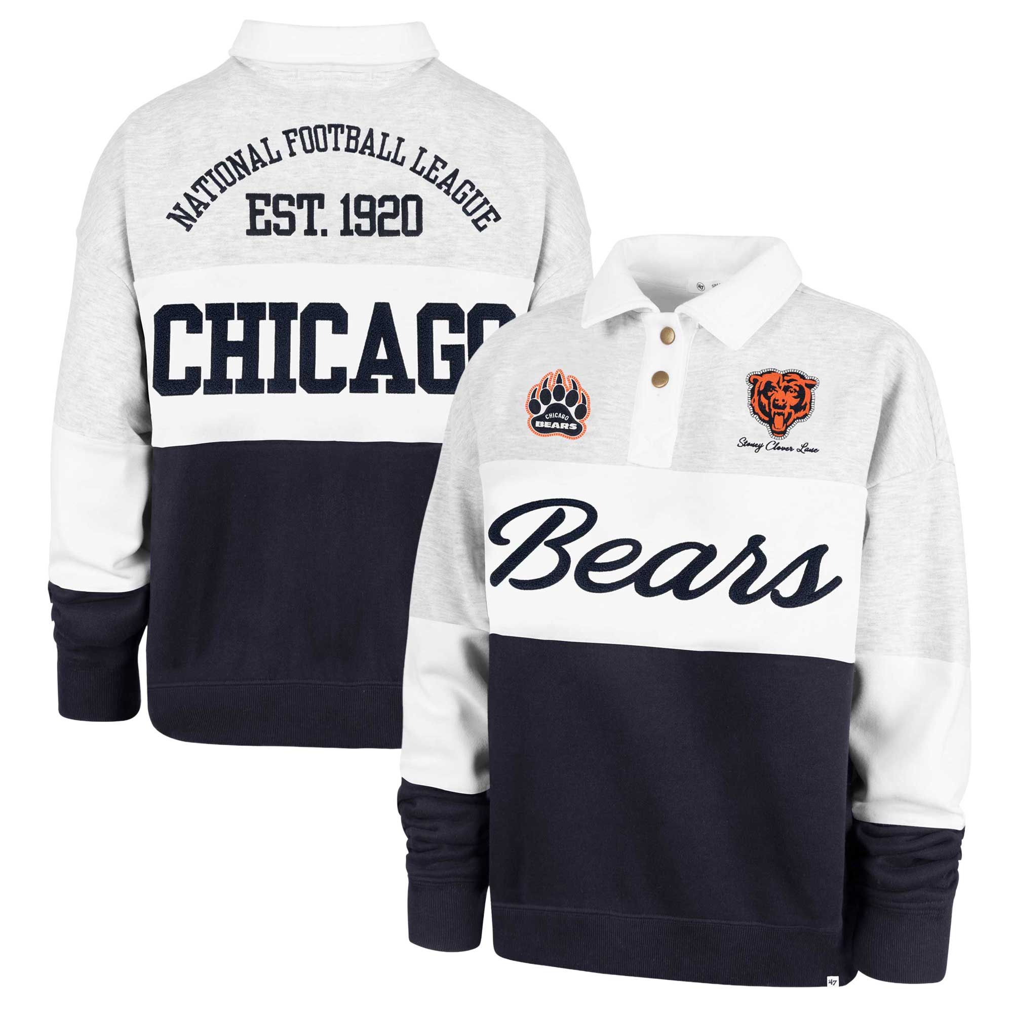 Women's Stoney Clover Lane x '47 Gray/Navy Chicago Bears Cursive Paneled Rugby Fleece Shirt