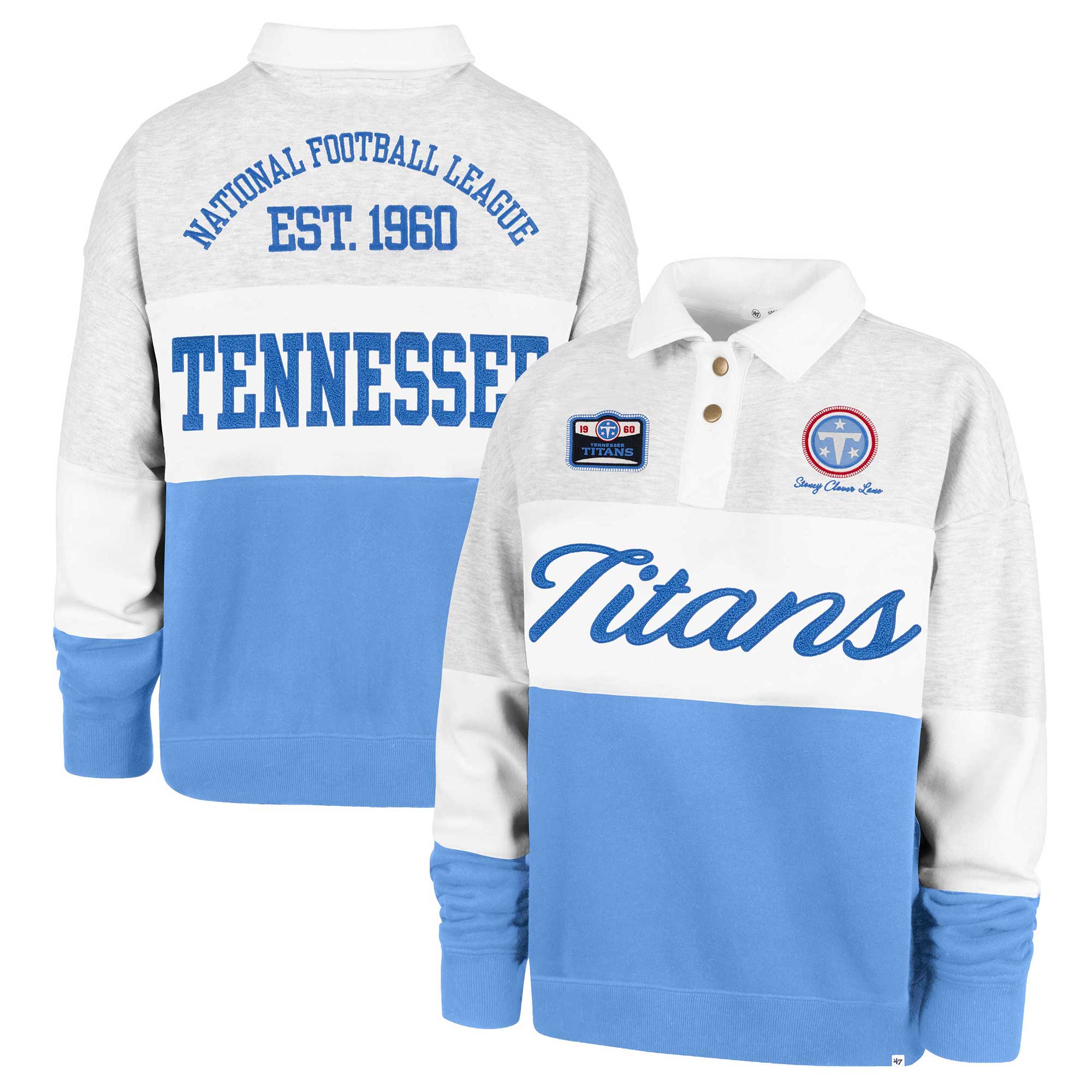 Women's Stoney Clover Lane x '47 Gray/Light Blue Tennessee Titans Cursive Paneled Rugby Fleece Shirt