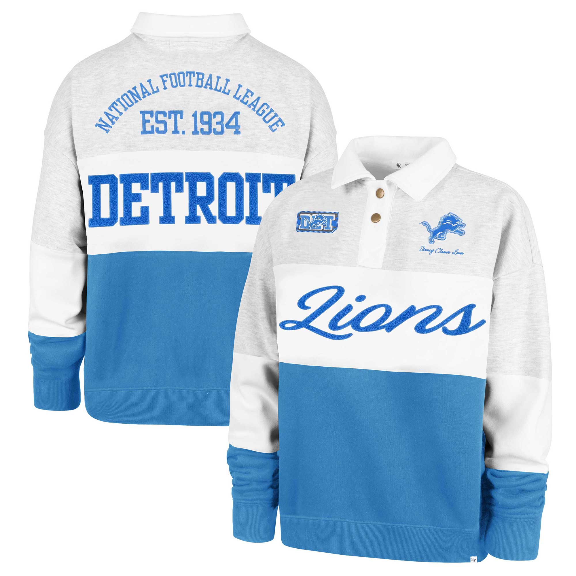 Women's Stoney Clover Lane x '47 Gray/Blue Detroit Lions Cursive Paneled Rugby Fleece Shirt